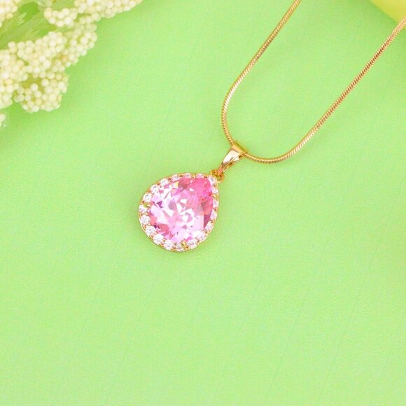 "Teardrop Pink Pendant with White Crystal Halo in Rose Gold Setting, XPPT1616 - Picture 4 of 13